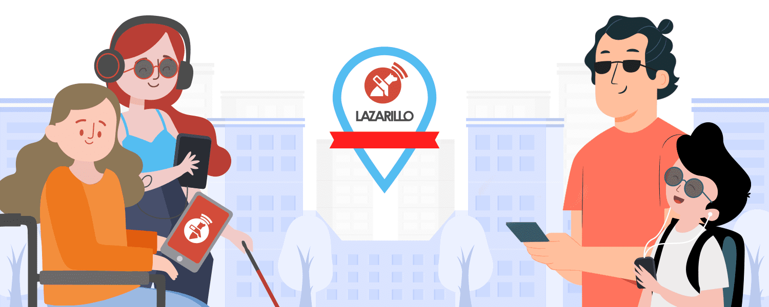 4 personas con Lazarillo app y una ciudad de fondo con la insignia de accesibilidad de Lazarillo