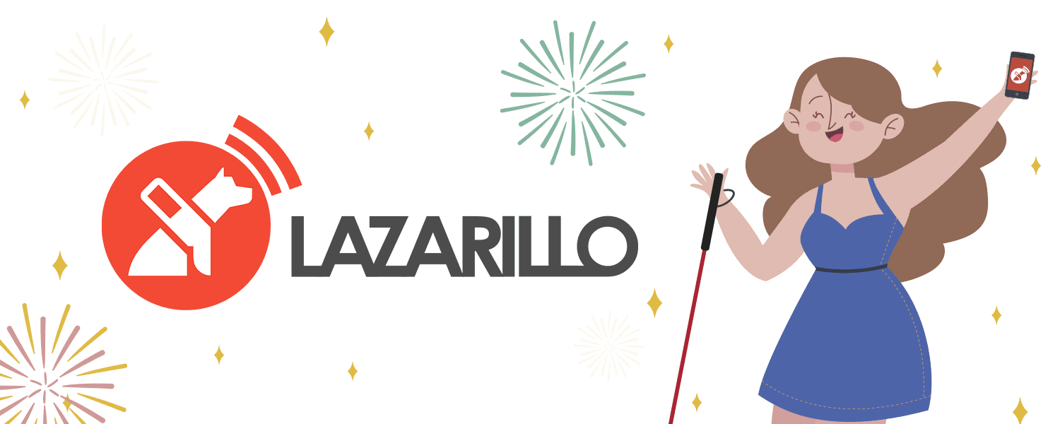 Mujer celebrando alzando su app Lazarillo y su baston. El logo de Lazarillo y fuegos artificiales de fondo