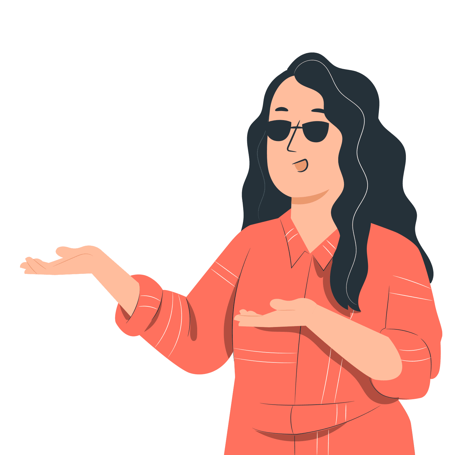 mujer mujer con lentes oscuros haciendo señal con manos de mostrar elemento a su lado