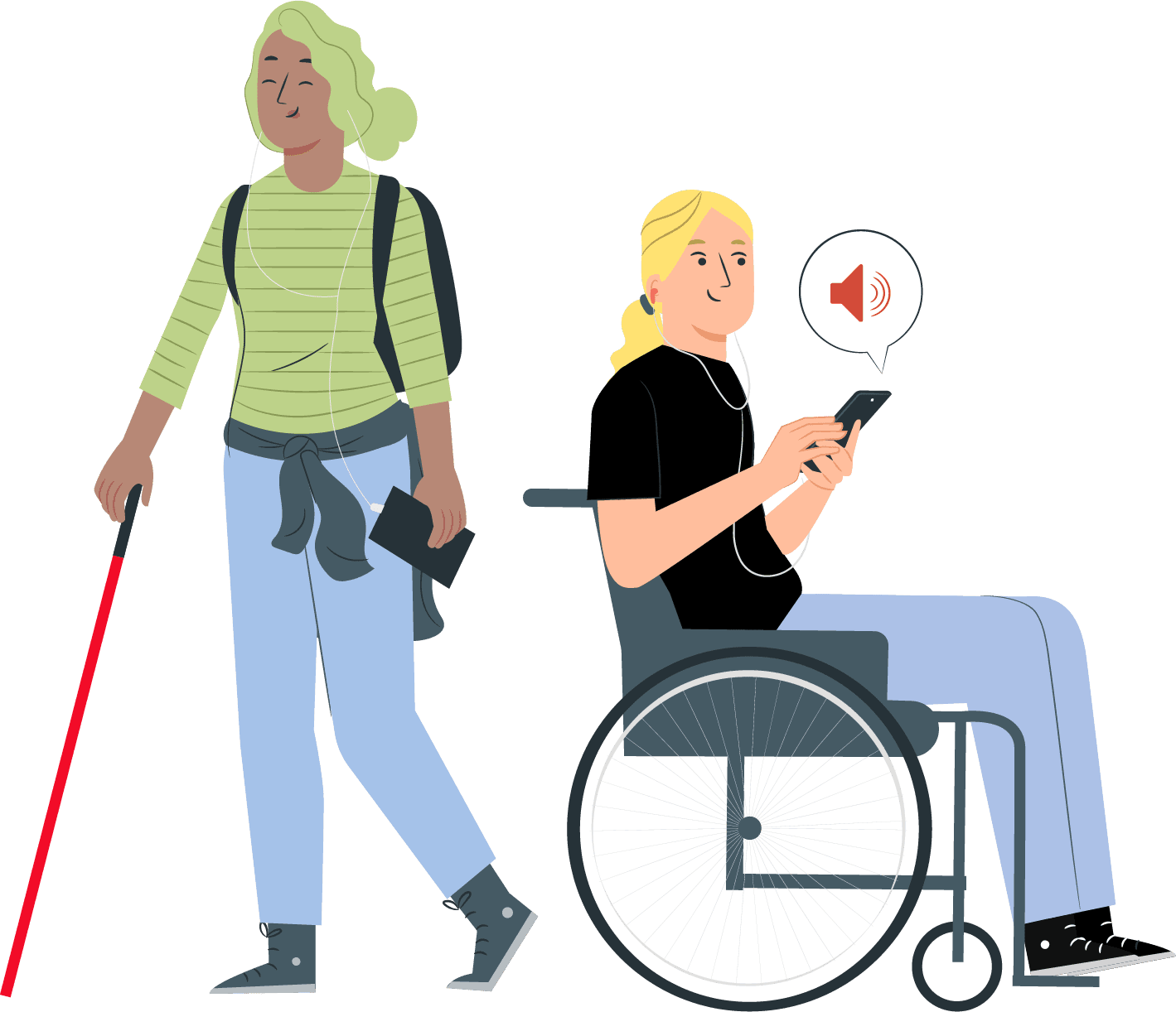 Two Lazarillo Users A woman using a walking cane stands beside a woman using a wheelchair