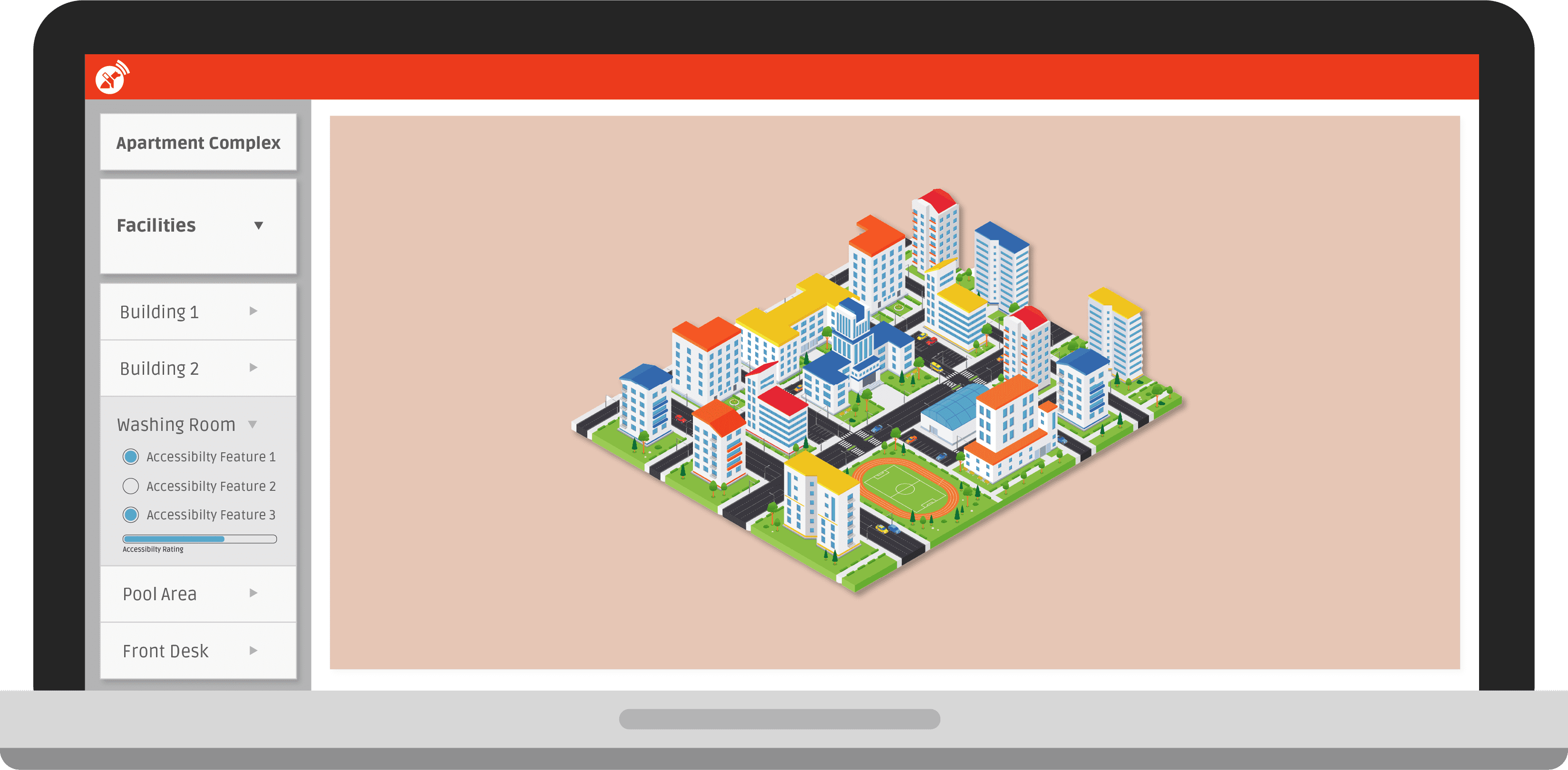 computador Pantalla de computadora que muestra un mapa detallado de un complejo de apartamentos.