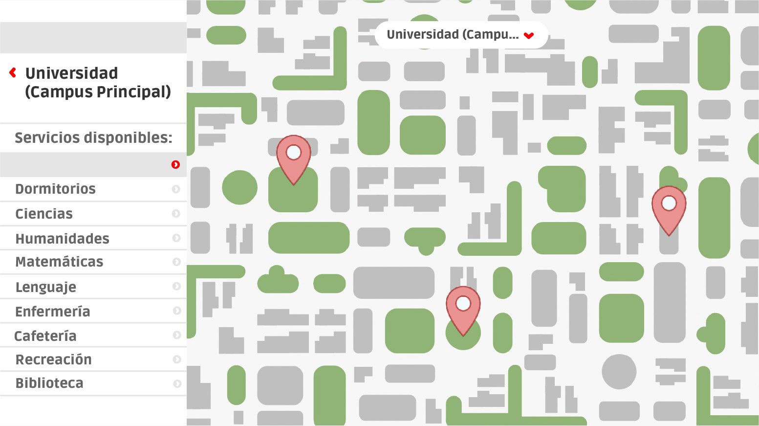 Mapa digital del campus principal de una universidad, mapeado con la tecnología beacons y bluetooth de Lazarillo.