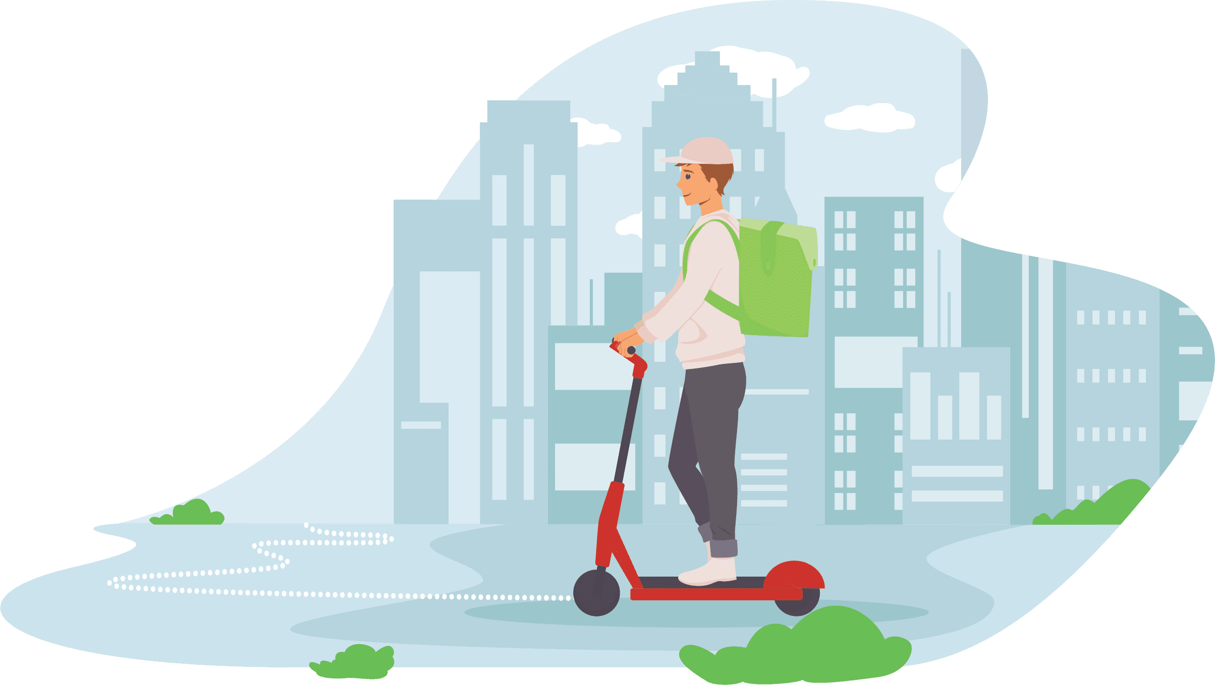 A graphic showing a man riding an e-scooter through a city.