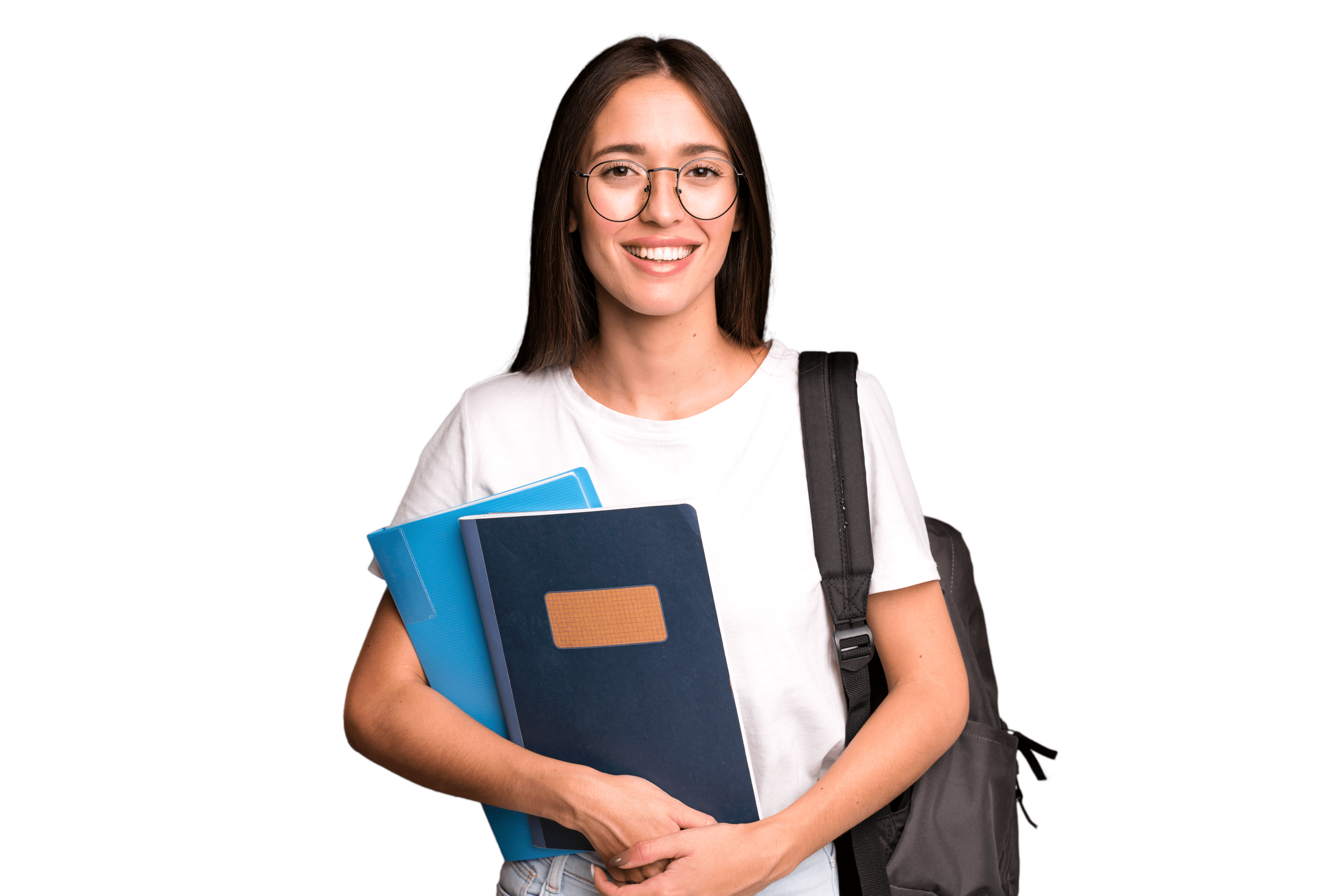 Woman holding books and a backpack