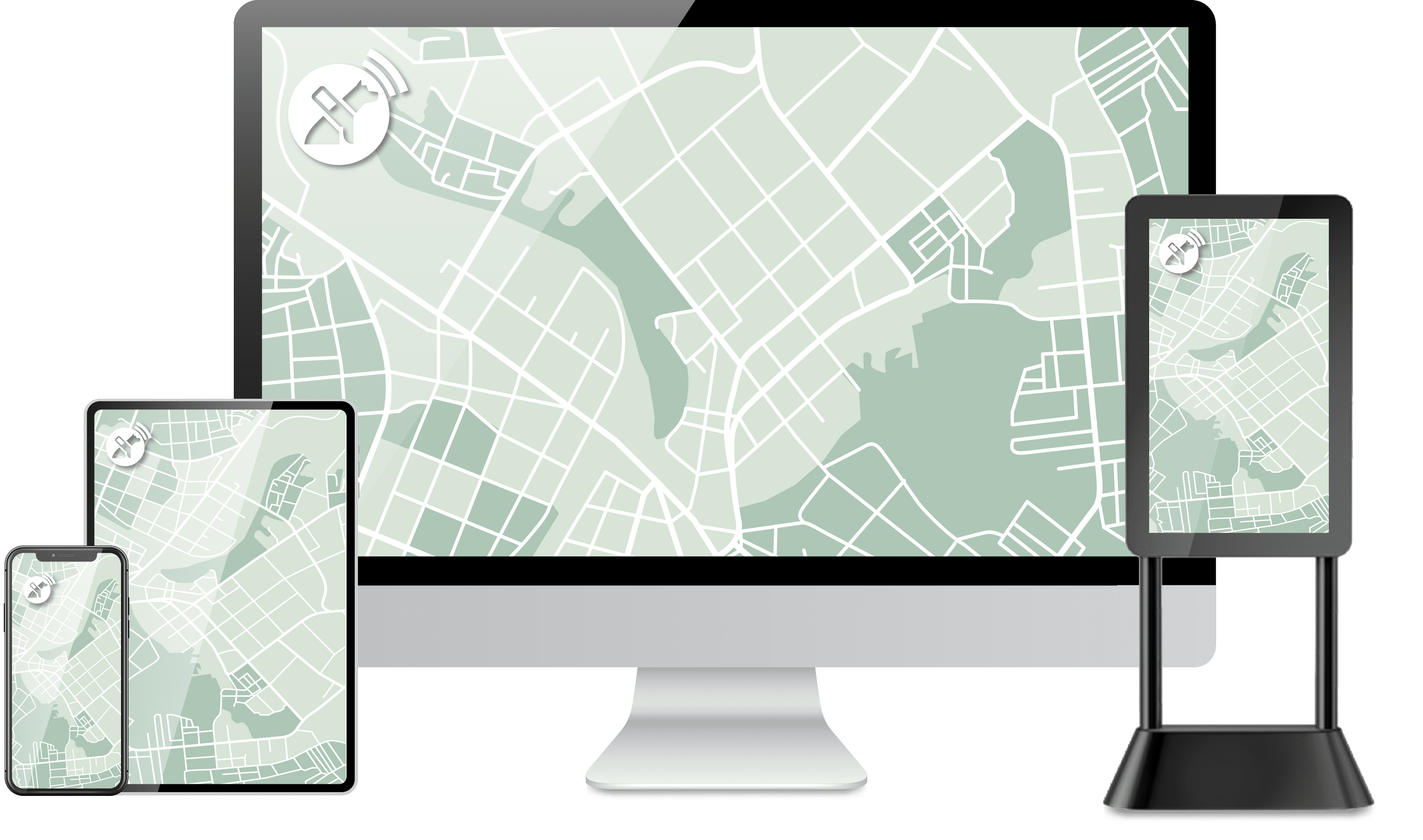 Mockup of Lazarillo digital maps on a phone, tablet, desktop, and kiosk.