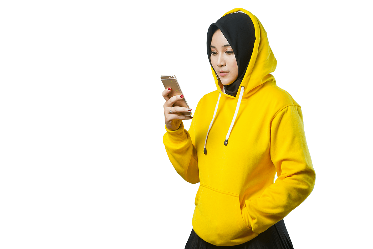 Woman in a yellow hoodie using her phone