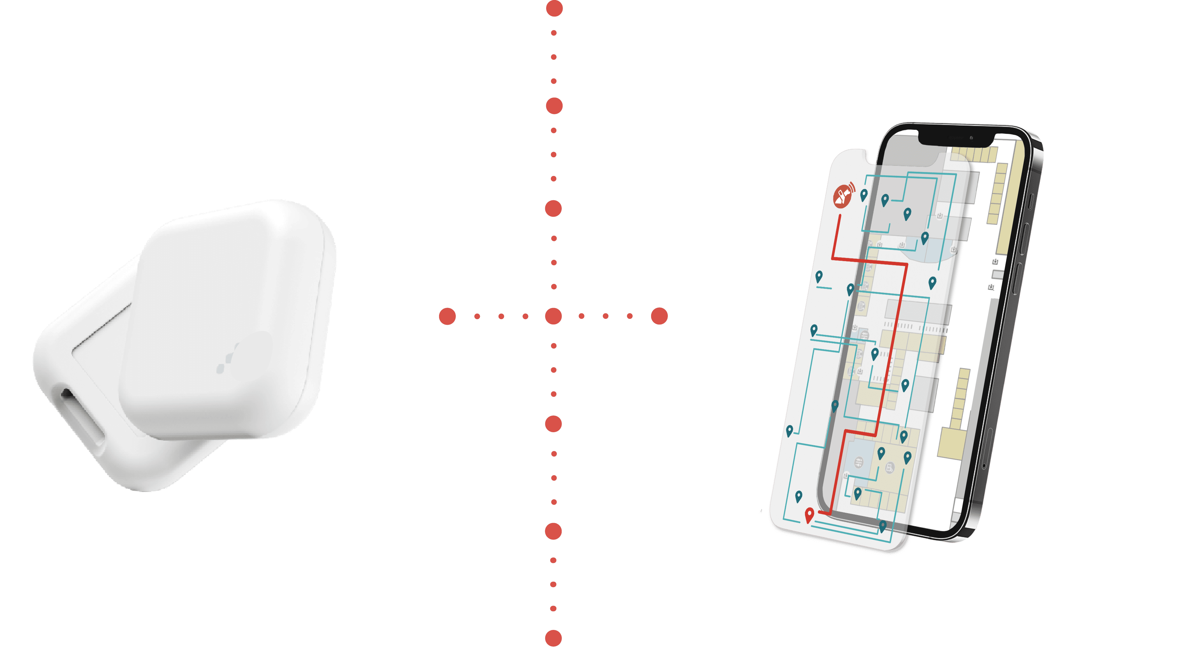 Mockup of bluetooth beacons and a digital map on a phone showing multiple layers of information.
